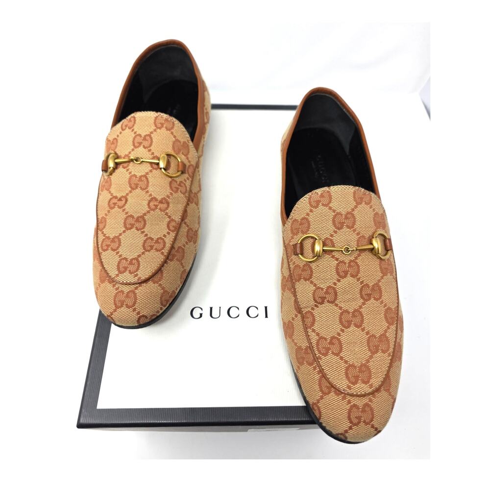 Gucci GG Logo Horsebit Jordaan Loafers Brown Beige Monogram Canvas Shoes 39 9